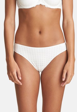 White bikini briefs with a textured check pattern, low-rise design, and a small floral accent on the side. Soft, smooth fabric.
