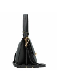 Borsa a tracolla nera in pelle con finitura testurizzata, forma angolare, tracolla regolabile e dettagli in metallo dorato. Vista laterale che mette in evidenza gli elementi di design.