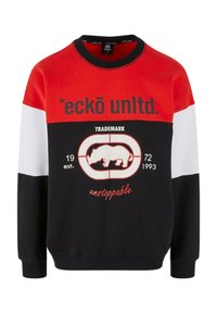Svart, rød og hvit sweatshirt med lange ermer. Har rund hals, en stor logo-print og grafikk av en neshorn i midten.