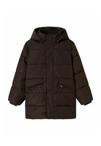 Brūna pūkaina jaka ar kapuci, ar horizontālu quilted dizainu, priekšējo rāvējslēdzēju un divām sānu kabatām ar rāvējslēdzējiem. Mīksta tekstūra.