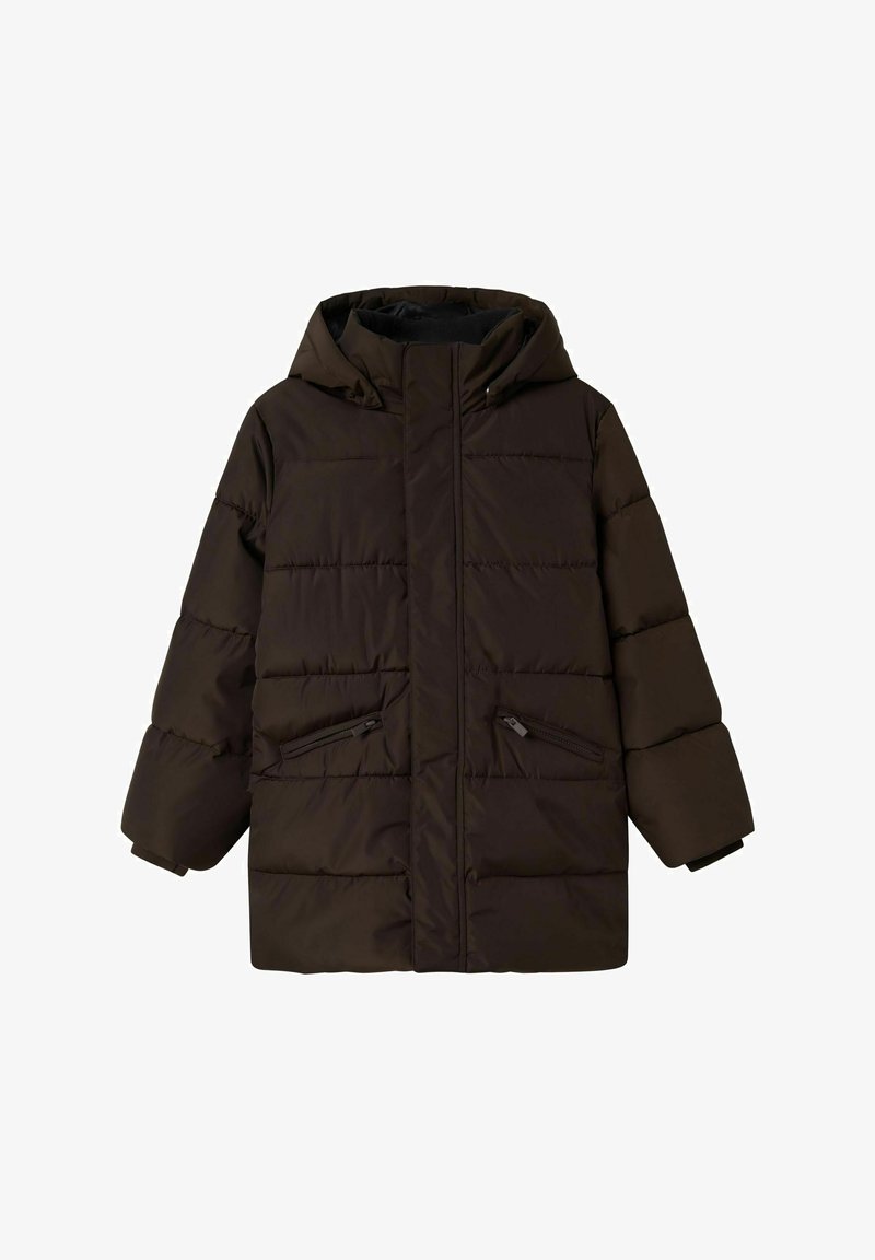 Rudas pūkinis švarkas su kapuce, turintis horizontalią dekoratyvinę siuvinėjimą, priekinį užtrauktuką ir dvi užtrauktukais uždaromas šonines kišenes. Minkšta tekstūra.