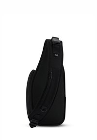 Svart axelväska med nätpanel, zip-ficka, justerbar rem och en kompakt design som är lämplig för vardagsbruk.