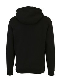 Svart hettegenser med snorhette, lange ermer og ribbestrikkede mansjetter og kant. Glatt tekstur med et enkelt, ensfarget design.