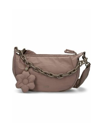 Soft mauve shoulder bag with chunky chain strap and matching flower-shaped charm, featuring a zipper closure and smooth fabric texture.