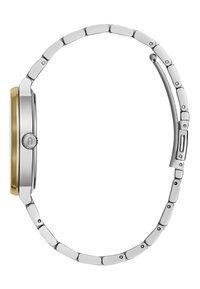 Orologio in acciaio inossidabile argentato con lunetta dorata, quadrante rotondo e bracciale a maglie con finiture lucide e spazzolate.