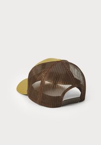 Brown and yellow cap with a mesh back, rounded peak, and adjustable strap. Features textured fabric and a solid visor.