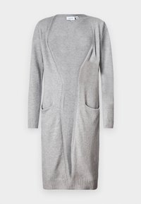 Grauer Cardigan aus weichem Strickstoff, mit langen Ärmeln, offener Front, zwei Fronttaschen und gerippten Bündchen und Saum.