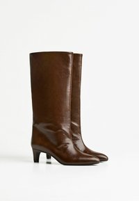 Bottes en cuir marron jusqu'au genou avec un bout pointu et un talon mince et bas. Texture lisse avec des détails minimes.