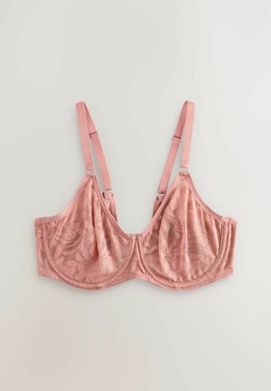 Blonder bralette i blød pink med blomstermønster, formede skåle, justerbare stropper og en glat, skinnende stoffinish.