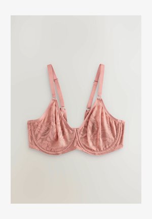 Kanten bralette in zachtroze met bloemenpatroon, voorgevormde cups, verstelbare bandjes en een gladde, glanzende stofafwerking.