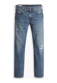 Modré džíny z denimu se střihem rovného nohavice, s drobným opotřebením na kolenou a standardními kapsami. Klasické zapínání na knoflík a zip.