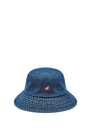Denim bucket hat with wide brim and small embroidered red hibiscus flower on the front center.