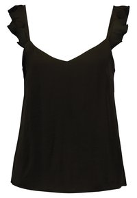 Haut noir sans manches avec un décolleté en V et des bretelles volantées. Tissu doux, coupe décontractée et texture lisse. Aucun motif ni élément métallique visible.