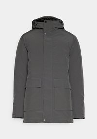 Grå vandtæt vinterjakke med hætte, der har to store frontlommer og trykknaplukning. Glat tekstur og minimalistisk design.