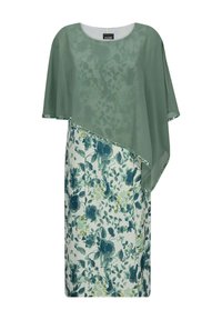 Groen bloemenjurkje tot op de knie met een doorschijnende asymmetrische cape overlay en paillettenrand aan de randen.