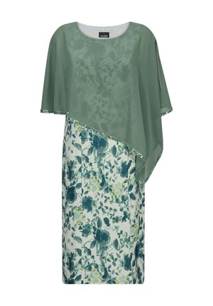 Grünes knieumspielendes Kleid mit Blumenmuster, transparentem asymmetrischem Cape-Überwurf und Paillettenbesatz an den Rändern.