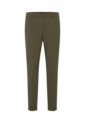 Olive green trousers with a straight leg design, button closure, and rolled cuffs. Made from smooth fabric with a subtle texture.