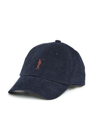Gorra de béisbol de pana azul oscuro con visera curvada y pequeño logo bordado de golfista en marrón en el panel frontal.