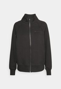 Svart zip-up jacka i bomullsblandning, med hög krage, raglanärmar och en diskret logotyp på bröstet.