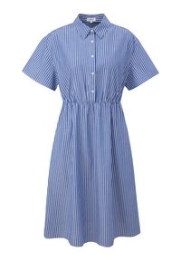 Gestreiftes Shirtkleid in Blau und Weiß aus Baumwolle, mit kurzen Ärmeln, Kragen, Knopfverschluss und elastischem Bund.