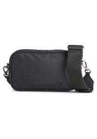 Black fabric crossbody bag, rectangular shape, smooth texture, adjustable strap with metal hardware, zip closure, minimalist design.