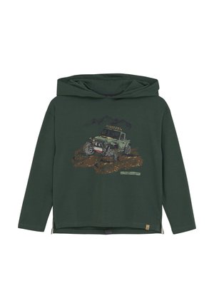 Groene hoodie van zachte stof met een grafisch ontwerp van een robuust groen terreinvoertuig. Inclusief logo-tekst en contrasterende accenten.