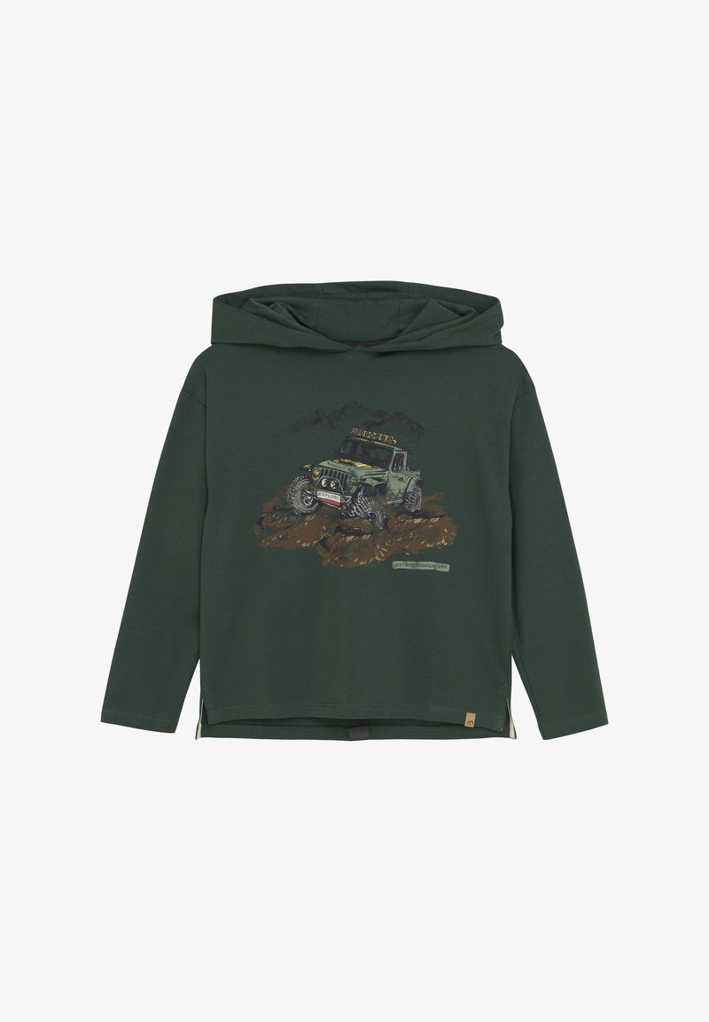Grüne Kapuzen-Sweatshirt aus weichem Material mit einem Grafikdesign eines robusten, grünen Geländewagens. Enthält Logo-Text und kontrastierende Akzente.