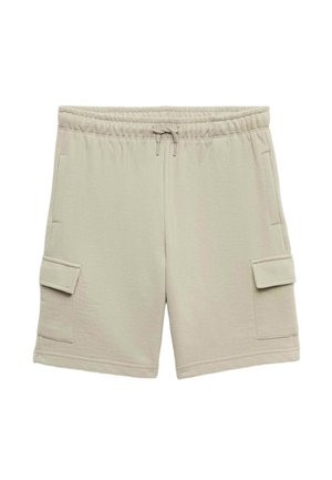 Hellbeige knielange Shorts mit elastischem Bund, Kordelzug, Seitentaschen und Klapp-Cargotaschen an beiden Beinen.