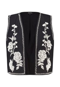 Zwarte mouwloze vest met witte bloemenborduurwerk, ronde halslijn en contrasterende zigzagstiksels langs de randen. Casual ontwerp.