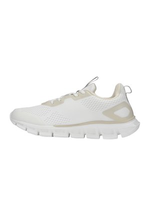Lightweight, white athletic shoe with a mesh upper, padded collar, and a textured sole. Features minimal beige accents and lace-up closure.