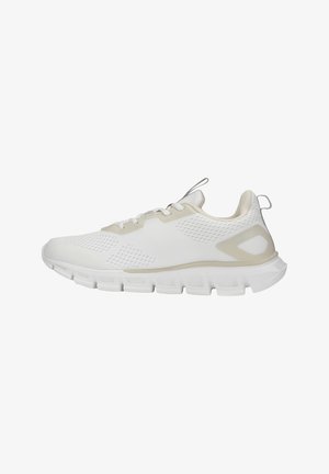 Lightweight, white athletic shoe with a mesh upper, padded collar, and a textured sole. Features minimal beige accents and lace-up closure.