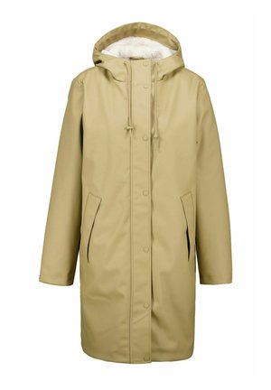 Manteau imperméable beige avec capuche, doté d'une doublure intérieure douce, de boutons-pression, de deux poches latérales et d'un cordon de serrage réglable au cou.