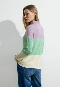 Maglione a blocchi di colore che presenta sezioni in lavanda, verde e crema. Materiale in maglia morbido con collo alto e maniche lunghe. Indossato con jeans blu.
