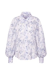 Blouse blanche boutonnée avec de longues manches bouffantes et un délicat motif floral bleu clair.