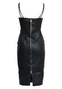 Schwarzes Lederkleid mit einem Reißverschluss an der Vorderseite, figurbetontem Design, dünnen Trägern und mittellanger Schnittführung, ausgestattet mit zwei vorderen Nähten.