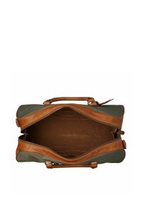 Sac de sport en tissu vert olive avec des accents en cuir marron. Intérieur spacieux avec un revêtement lisse couleur beige et fermeture à glissière.