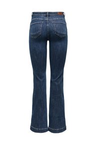 Σκούρα μπλε τζιν denim με φαρδύ πόδι και δύο πίσω τσέπες σε λευκό φόντο, από πίσω.