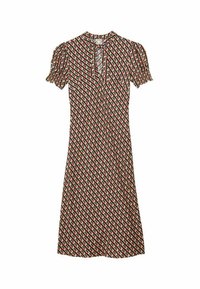 Robe à motifs avec de courtes manches bouffantes, décolleté en forme de clé, et un imprimé géométrique en rouge, noir et crème. Longueur genou, tissu léger.