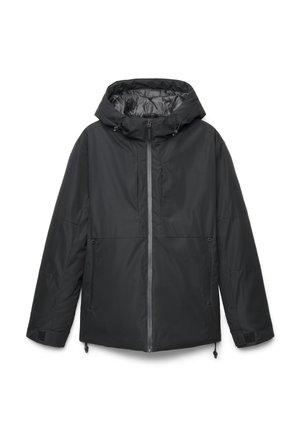 Giacca invernale nera con cappuccio, zip frontale, polsini regolabili e due tasche laterali con zip su sfondo bianco.