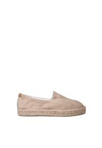 Beige kangastooted espadrillid looduslikust juteväljast, ümmargune nokk ja elastne külg lihtsaks sisse-panemiseks ja välja-võtmiseks. Tekstuuriga kangas minimaalsete detailidega.