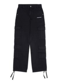 Black cargo pants made of durable fabric, featuring multiple side pockets, a drawstring at the hem, and a logo printed on the front.