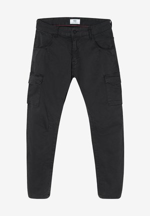 Zwarte cargobroek met een taps toelopende pasvorm, voorzien van vijf zakken, een knoopsluiting en een gladde, duurzame stoftextuur.