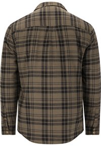 Bruine en zwarte geruite blouse met lange mouwen, knoopmanchetten, een puntkraag en een rechte zoom. Zachte stof met een gestructureerde afwerking.