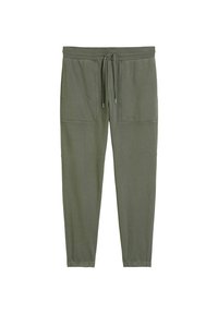 Olijfgroene joggerbroeken van zacht materiaal, met een elastische tailleband en trekkoord, twee voorzakken en cuffs aan de enkels.