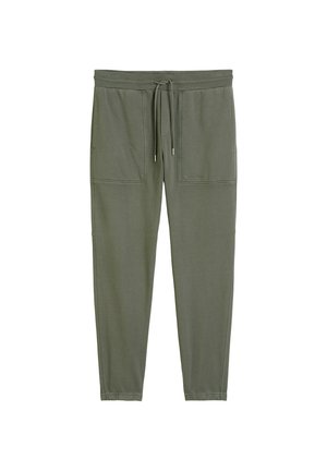 Olive green jogger pants made of soft fabric, featuring an elastic waistband with drawstring, two front pockets, and cuffed ankles.