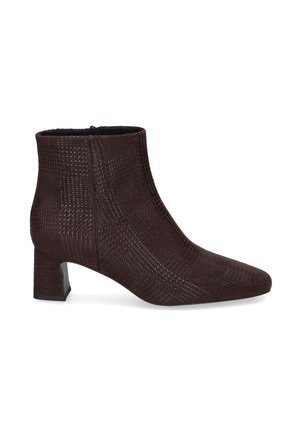 Dark brown ankle boot with low block heel, textured surface, and side zipper, designed for women’s fashion and comfort.