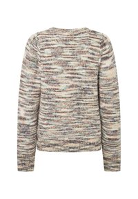 Maglione lavorato a maglia in morbida lana multicolore con un motivo mélange in rosa pastello, verde e marrone, dotato di collo rotondo e maniche lunghe.