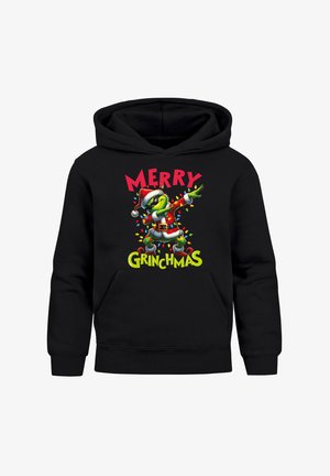 Schwarzer Hoodie mit einem bunten Grinch-Motiv in einem Weihnachtsmannhut, mit rotem und grünem Text "MERRY GRINCHMAS" und einer Fronttasche.