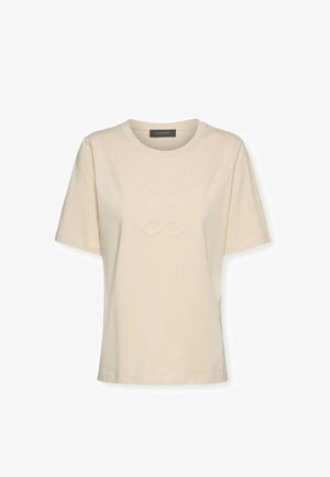 Beige kurzärmeliges T-Shirt mit Rundhalsausschnitt und dezent erhabenem geometrischem Muster auf der Brust, innen am Kragen mit Elena Mirò beschriftet.