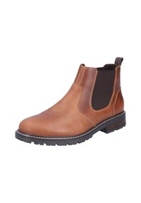 Tan leather Chelsea boot with elastic side panels, rounded toe, and treaded rubber sole. Contrast stitching along the edges.